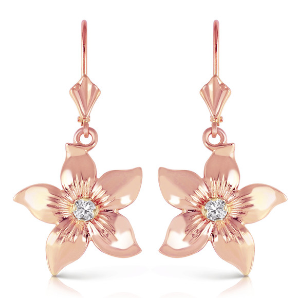 Galaxy Gold Products Jewelry - 14K. SOLID GOLD LEVERBACK FLOWERS EARRING WITH DIAMOND (Rose Gold)